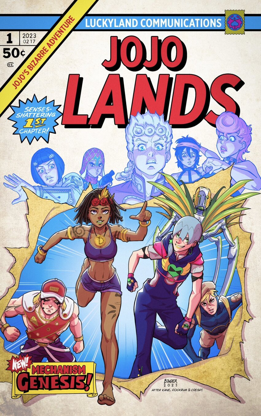 1girl 2023 6+boys arm_behind_head armlet back barefoot baseball_cap bernhard_binder black_hair blue_eyes bob_cut bracelet braid bruno_bucciarati comic_cover_redraw commentary derivative_work dragona_joestar dreadlocks earrings english_commentary english_text facial_mark fingerless_gloves flower giorno_giovanna gloves green_eyes green_lips grey_hair guido_mista gun hair_flower hair_ornament hairclip handgun hat headband highres holding holding_gun holding_weapon hood hoodie jewelry jodio_joestar jojo_no_kimyou_na_bouken leg_tattoo male_focus male_with_breasts marvel multiple_boys narancia_ghirga november_rain_(stand) orange_headband paco_laburantes parody pink_hair pink_lips pointing purple_shorts purple_sports_bra revolver short_shorts short_sleeves shorts signature single_braid smile sports_bra stand_(jojo) stud_earrings tattoo the_jojolands trap trish_una usagi_aloha&#039;oe vento_aureo weapon x-men