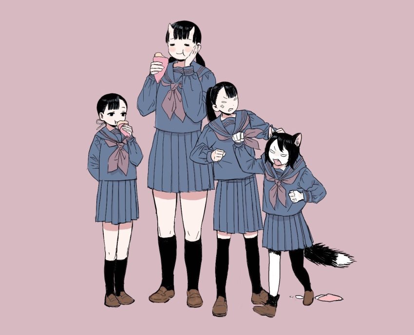 4girls animal_ears arm_behind_back benichidori black_hair black_socks blunt_bangs brown_footwear cat_ears cat_girl cat_tail contemporary crepe dungeon_meshi eating food frs2 hand_on_own_cheek hand_on_own_face hien horns inutade izutsumi kneehighs loafers multiple_girls neckerchief oni oni_horns pleated_skirt ponytail sailor_collar school_uniform serafuku shoes simple_background skirt socks tail tall_female twintails