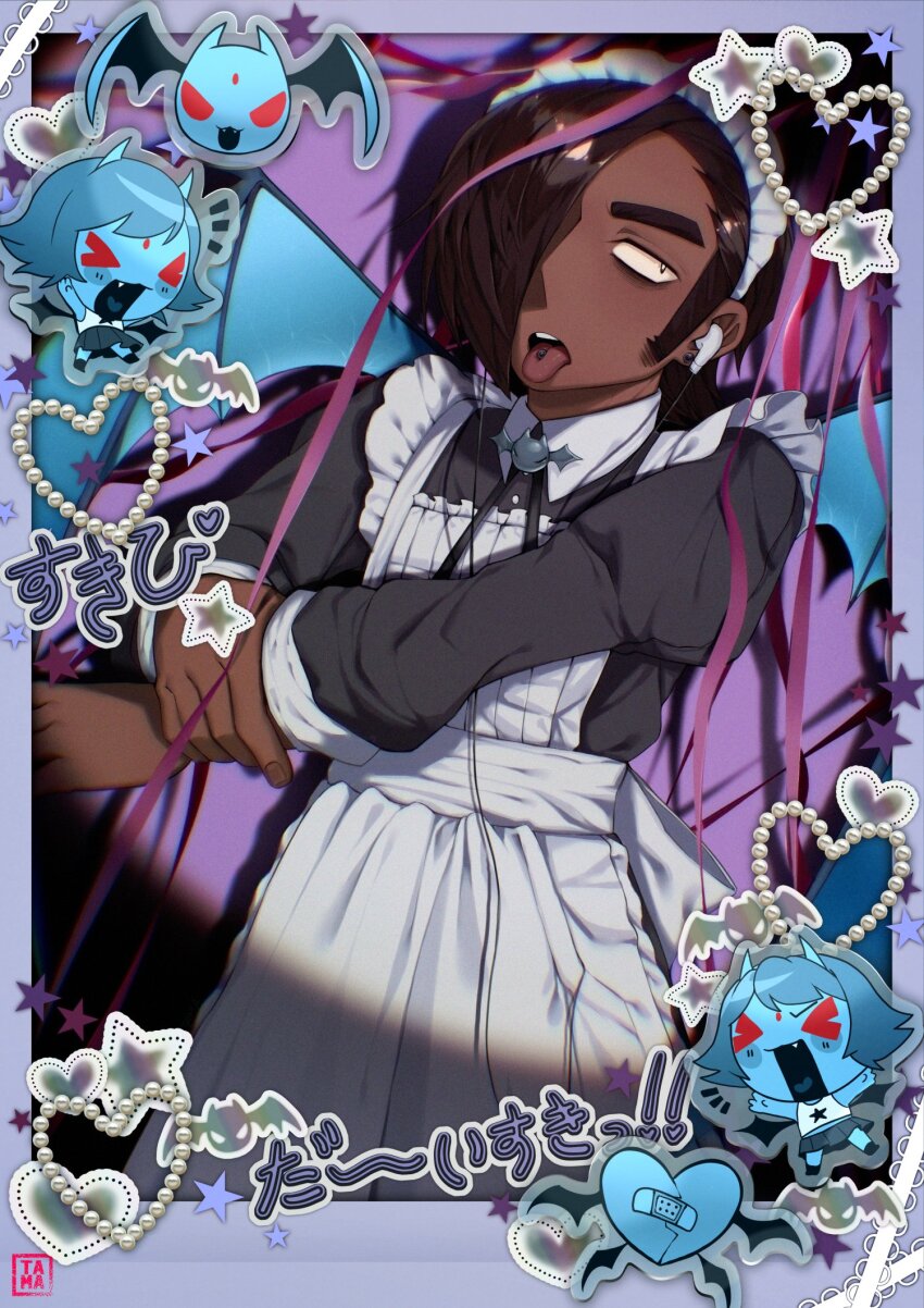 &gt;_&lt; 1boy 2girls alternate_costume apron bat_(animal) bindi black_dress blue_hair blue_skin brown_hair chibi chibi_inset colored_skin commentary crossdressing crossdressing_(mtf) dark-skinned_male dark_skin demon_girl demon_hipster_chicks demon_horns demon_wings dress earbuds earphones emo_fashion english_commentary enmaided existenc3 frilled_apron frills hair_over_one_eye hairband heart highres horns juliet_sleeves long_sleeves maid maid_apron male_focus male_maid matthew_patel multiple_girls piercing puffy_sleeves purikura rhinestone scott_pilgrim_(series) scott_pilgrim_takes_off short_hair sideburns solo_focus sticker streamers tongue tongue_out tongue_piercing translation_request white_apron white_hairband wings
