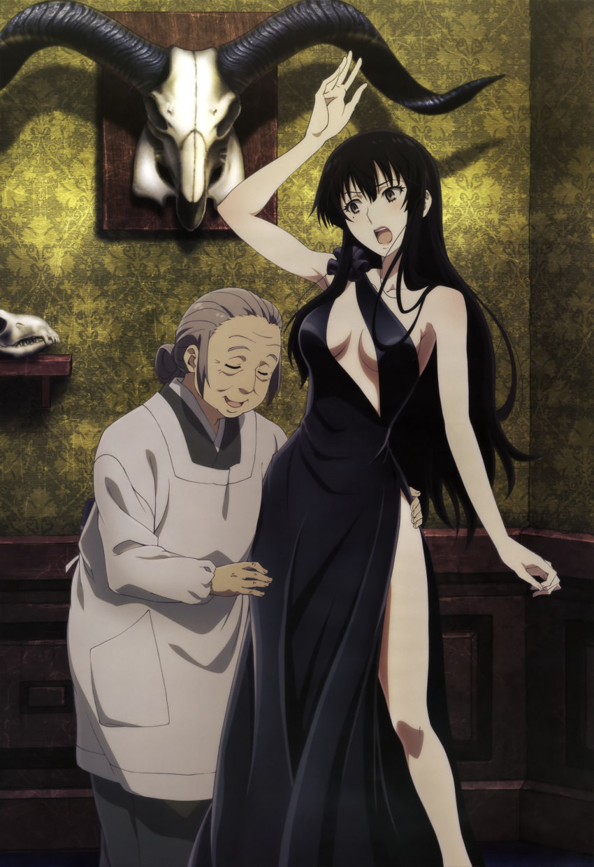 10s 2girls absurdres apron arms_up black_dress black_hair blush breasts brown_eyes cleavage dress dressing closed_eyes gown highres kappougi kujou_sakurako_(sakurako) long_hair mole mole_under_eye multiple_girls nyantype official_art old old_woman open_mouth sakurako-san_no_ashimoto_ni_wa_shitai_ga_umatteiru sawa_ume side_slit skull