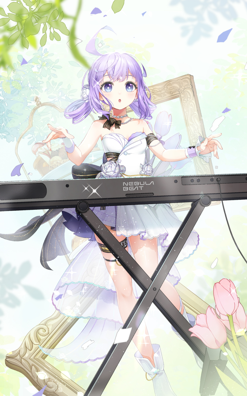 1girl :o ahoge ankle_boots armlet back_bow bare_arms bare_legs bare_shoulders black_bow black_bowtie blue_flower blue_tulip blush boots bow bowtie breasts bright_pupils cake clothing_cutout dessert diamond-shaped_pupils diamond_(shape) dress dress_flower empty_picture_frame falling_petals floating_hair flower food foot_out_of_frame foot_up green_background hair_flower hair_ornament hair_rings hands_up high-low_dress high-low_skirt highres instrument jewelry katya_(nebula_beat) katya_uranova keyboard_(instrument) leaf looking_ahead low_twintails musical_note musical_note_print musical_staff musical_staff_print nebula_beat necklace official_art pearl_necklace petals picture_frame pink_flower purple_dress purple_eyes purple_flower purple_hair revdol rose short_hair side_cutout small_breasts solo sparkle standing standing_on_one_leg strapless strapless_dress symbol-shaped_pupils thigh_strap tiered_tray tulip twintails two-tone_dress virtual_youtuber white_boots white_dress white_flower white_pupils white_rose wrist_cuffs