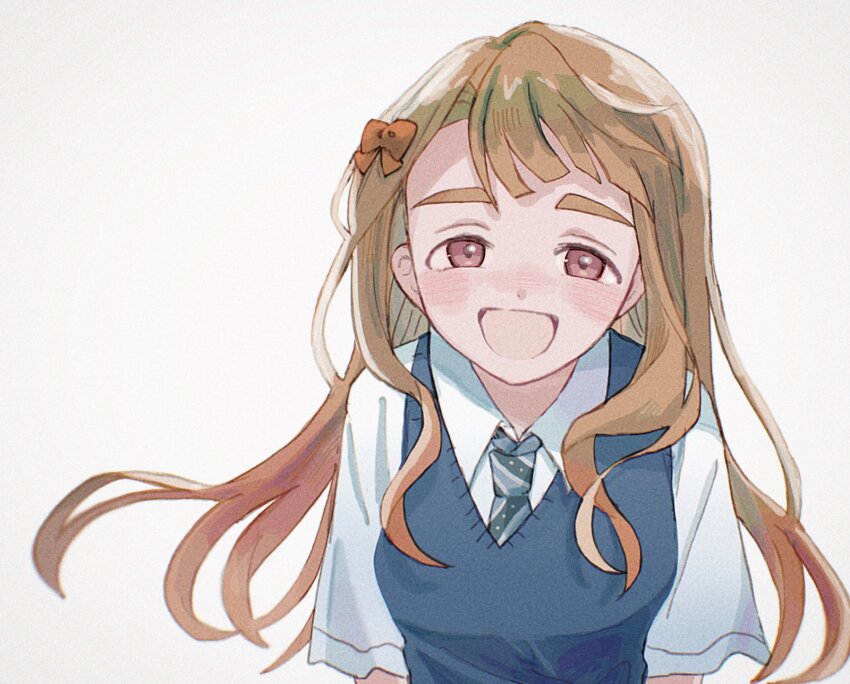 1girl :d asymmetrical_bangs black_sweater_vest blunt_bangs blush bow brown_eyes brown_hair diagonal-striped_clothes diagonal-striped_necktie dress_shirt eyelashes grey_necktie hair_bow highres idolmaster idolmaster_million_live! idolmaster_million_live!_theater_days long_hair looking_at_viewer miyao_miya momo_(mmym_3) necktie open_mouth orange_bow parted_bangs school_uniform shirt smile solo striped_clothes summer_highschool_(idolmaster) sweater_vest thick_eyebrows upper_body white_background white_shirt wing_collar