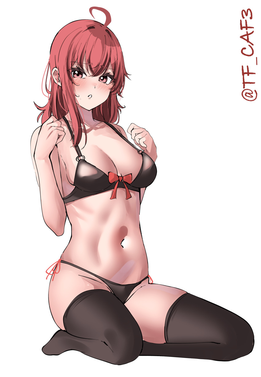 1girl absurdres ahoge arashi_(kancolle) bikini black_bikini black_thighhighs breasts cleavage commentary_request highres kantai_collection medium_hair navel one-hour_drawing_challenge red_eyes red_hair side-tie_bikini_bottom simple_background sitting small_breasts solo stomach swimsuit tf_cafe thighhighs twitter_username wariza white_background