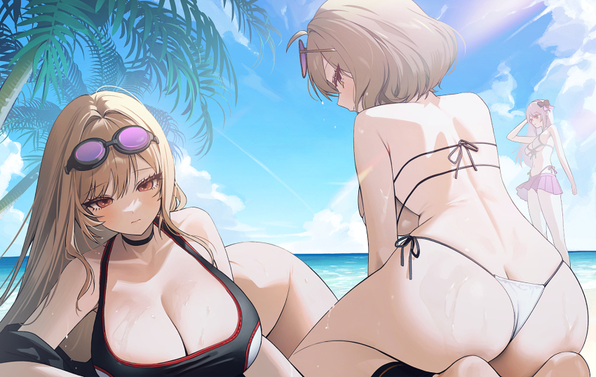 3girls anis_(nikke) anis_(sparkling_summer)_(nikke) ass beach bikini black_one-piece_swimsuit blue_sky breasts brown_hair butt_crack cleavage commentary day eyewear_on_head goddess_of_victory:_nikke goggles goggles_on_head highres large_breasts looking_at_viewer multiple_girls neon_(blue_ocean)_(nikke) neon_(nikke) ocean official_alternate_costume one-piece_swimsuit outdoors rapi_(classic_vacation)_(nikke) rapi_(nikke) red_eyes sky sunglasses sunlight swimsuit tree white_bikini zhu_yin_(mannermana)