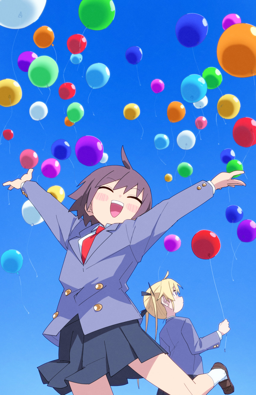ahoge arms_up balloon black_ribbon blonde_hair blue_sky blush brown_hair closed_eyes closed_mouth collared_shirt day grey_jacket hair_ribbon highres holding holding_balloon jacket kill_me_baby long_sleeves multiple_girls necktie open_mouth oribe_yasuna outdoors pleated_skirt red_necktie ribbon school_uniform shirt shoes short_hair skirt sky socks sonya_(kill_me_baby) teeth upper_teeth_only white_shirt white_socks yachima_tana
