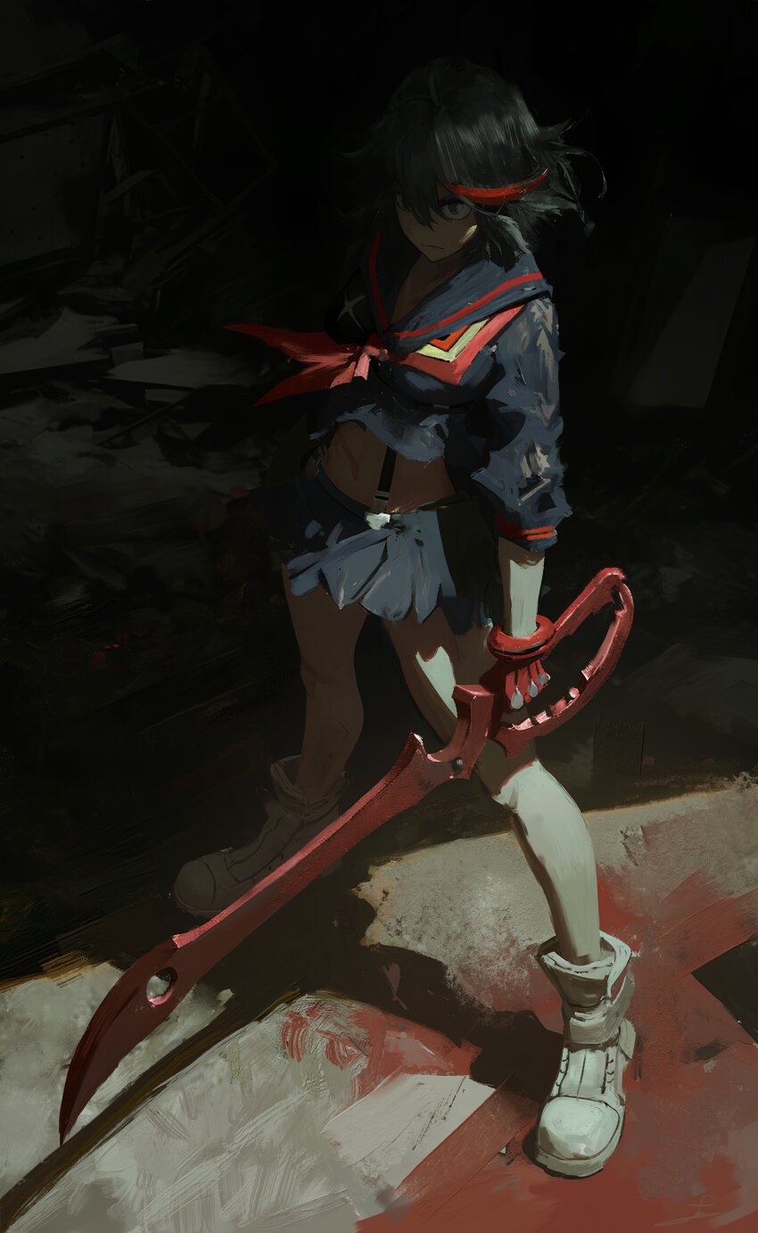1girl absurdres black_hair black_serafuku black_skirt breasts commentary daodtt full_body gloves hashtag-only_commentary highres holding kill_la_kill matoi_ryuuko midriff miniskirt multicolored_hair pleated_skirt red_gloves red_streaks school_uniform scissor_blade_(kill_la_kill) senketsu serafuku shadow shoes short_hair skirt solo streaked_hair suspenders white_shoes