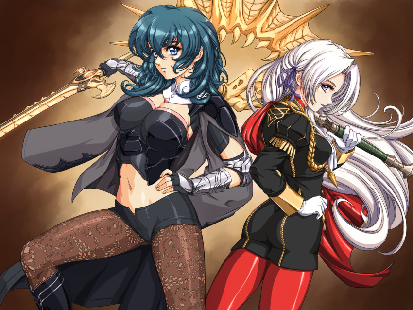 2girls armlet ass axe aymr_(fire_emblem) black_gloves black_shirt black_shorts blue_eyes blue_hair breasts brown_background brown_pantyhose female_byleth_(fire_emblem) cleavage commentary commission crop_top edelgard_von_hresvelg fingerless_gloves fire_emblem fire_emblem:_three_houses gloves high-waist_shorts highres holding holding_axe holding_sword holding_weapon jewelry juliet_sleeves large_breasts long_hair long_sleeves looking_at_viewer midriff multiple_girls navel nintendo panties pantyhose pantyhose_under_shorts parted_lips puffy_sleeves purple_eyes red_panties shirt short_shorts shorts sirknightbot stomach sword sword_of_the_creator thighs underwear vambraces weapon white_hair