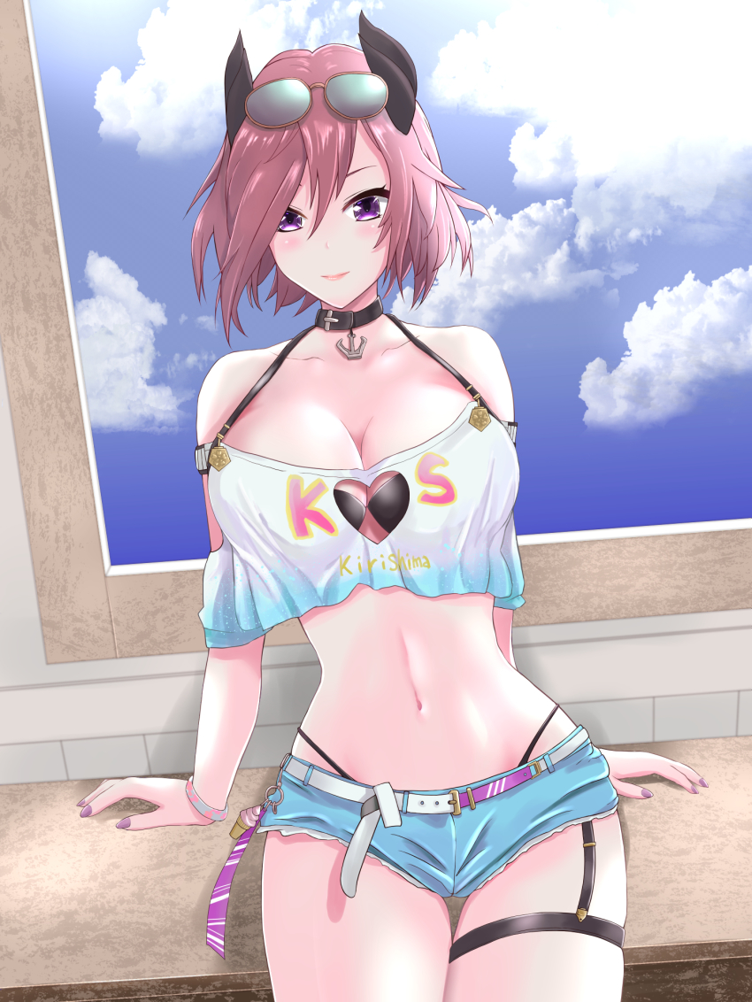 1girl anchor_necklace azur_lane belt bikini bikini_under_clothes breasts buckle cleavage cleavage_cutout clothing_cutout collar garter_straps hair_between_eyes heart_cutout highleg highleg_bikini highres jewelry kirishima_(azur_lane) kirishima_(summery_audacity)_(azur_lane) large_breasts looking_at_viewer medium_hair midriff nail_polish navel necklace purple_eyes purple_hair short_shorts shorts sitting solo sunglasses swimsuit thigh_gap thigh_strap zubi_(skylinezb)