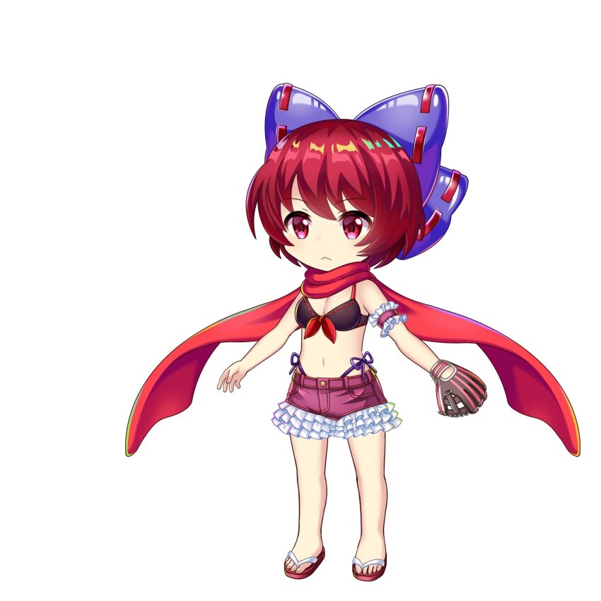 1girl a-pose alternate_costume baseball_glove bikini bikini_under_shorts black_bikini bow breasts chibi cleavage flip-flops hair_bow highres medium_breasts pitching purple_bow red_eyes red_hair red_scarf rotte_(1109) sandals scarf sekibanki sekibanki_(dullahan_on_the_beach) short_hair simple_background solo sprite swimsuit touhou touhou_lostword white_background