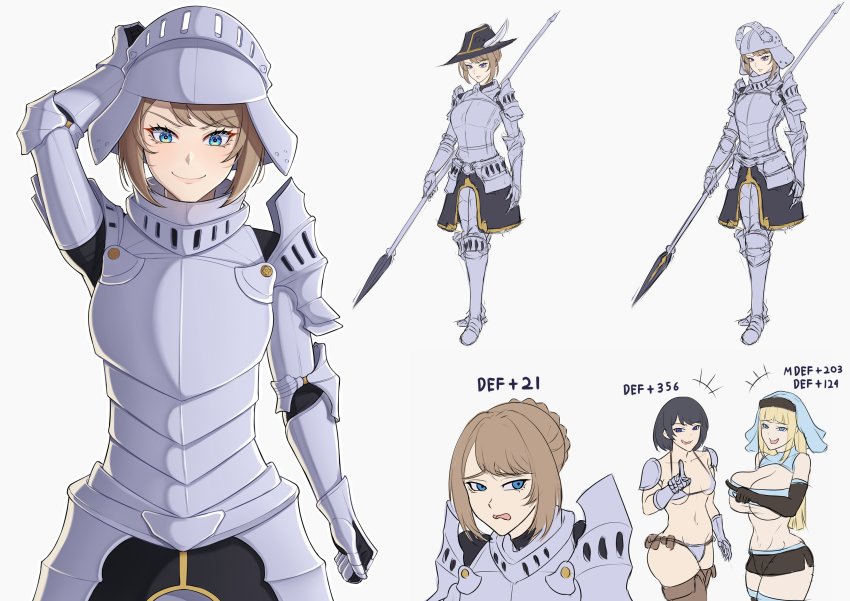 3girls absurdres armor band-width bikini_armor black_hair blonde_hair blue_eyes brown_hair full_armor habit hat hat_feather helmet highres holding holding_polearm holding_weapon laughing multiple_girls original pointing pointing_at_another polearm spear visor_(armor) visor_lift weapon