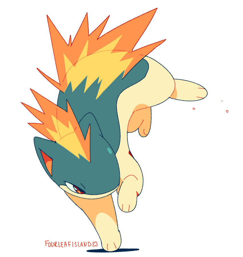animal_focus artist_name commentary english_commentary fire fourleafisland full_body gen_2_pokemon highres multicolored_fur nintendo no_humans pokemon pokemon_(creature) quilava red_eyes simple_background tachi-e white_background