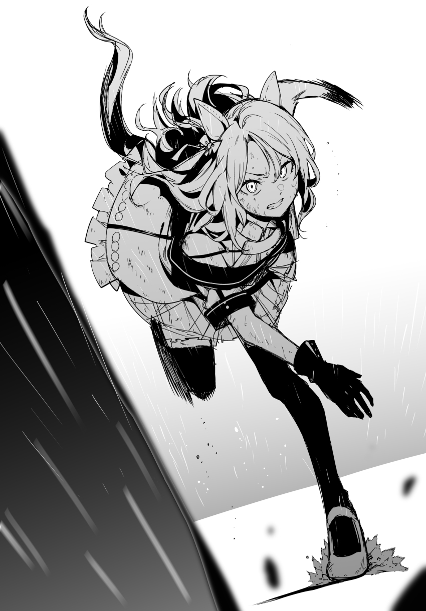 1girl animal_ears bad_id bad_twitter_id clenched_teeth dress gloves greyscale highres horse_ears horse_girl horse_tail king_halo_(umamusume) long_hair monochrome solo tail teeth thighhighs tsukamoto_minori umamusume
