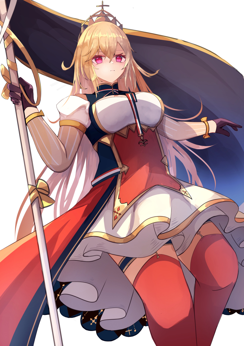 1girl absurdres azur_lane blonde_hair breasts cross crown dress fleur-de-lis french_flag gloves hane_(feathe02) highres iris_libre_(emblem) large_breasts long_hair multiple_straps off_shoulder purple_eyes richelieu_(azur_lane) solo thigh_strap thighhighs