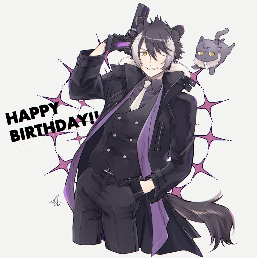 1boy animal_ear_fluff animal_ears black_coat black_gloves black_hair coat fugampiyo gloves gun hair_between_eyes hand_in_pocket happy_birthday highres holding holding_gun holding_weapon holostars jackal_boy jackal_ears jackal_tail kageyama_shien kageyama_shien_(1st_costume) looking_at_viewer male_focus necktie nekoyama_shien one_eye_closed open_clothes open_coat signature smile solo sparkle tail virtual_youtuber weapon white_background white_hair white_necktie yellow_eyes