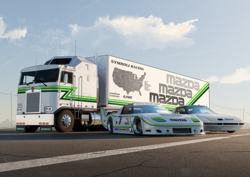 absurdres blue_sky box_truck car cloud commentary english_commentary goodyear highres map mazda mazda_rx-7 motor_vehicle mountainous_horizon no_humans original outdoors pavement pioneer_corporation road run_rotary semi_truck sky spoiler_(automobile) street trailer truck united_states vehicle_request