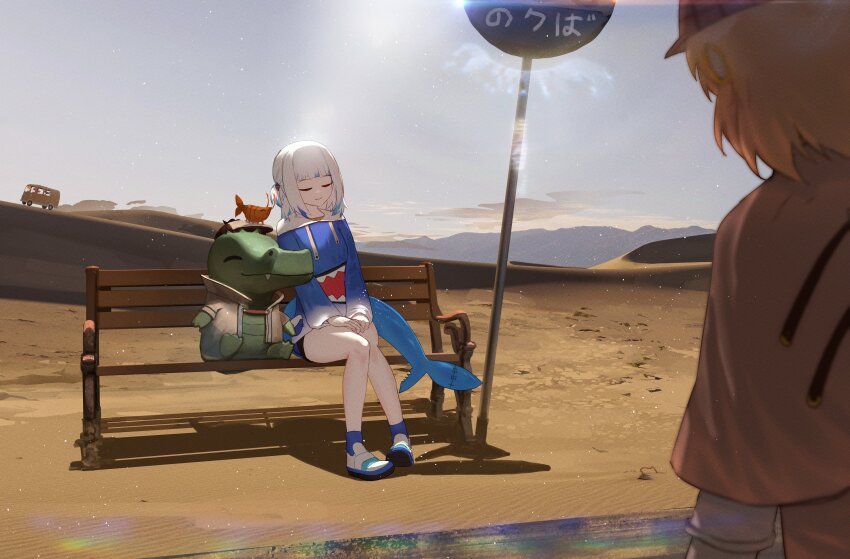 2girls absurdres advarcher alligator animal_costume bench blonde_hair character_request closed_eyes closed_mouth commentary crocodilian dirt ebi-chan_(gawr_gura) english_commentary fang fins fish_tail from_behind gawr_gura gawr_gura_(1st_costume) hat highres hololive hololive_english hood hoodie medium_hair motor_vehicle multicolored_hair multiple_girls on_bench outdoors road_sign shark_costume shark_girl shark_tail sign sitting sky smile streaked_hair tail van virtual_youtuber watson_amelia watson_amelia_(1st_costume) white_hair wooden_bench