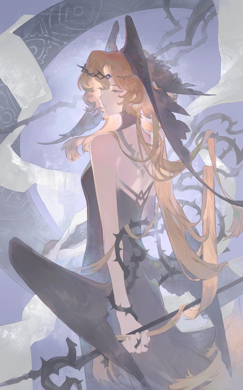 1girl absurdres bare_shoulders black_wings dress druvis_iii druvis_iii_(shrouded_in_thorns) feathered_wings from_behind green_eyes half-closed_eyes halter_dress halterneck head_wings highres holding holding_staff long_hair low_wings official_alternate_costume orange_hair profile purple_background purple_dress reverse:1999 sleeveless sleeveless_dress solo staff thorns tripleefish upper_body wings