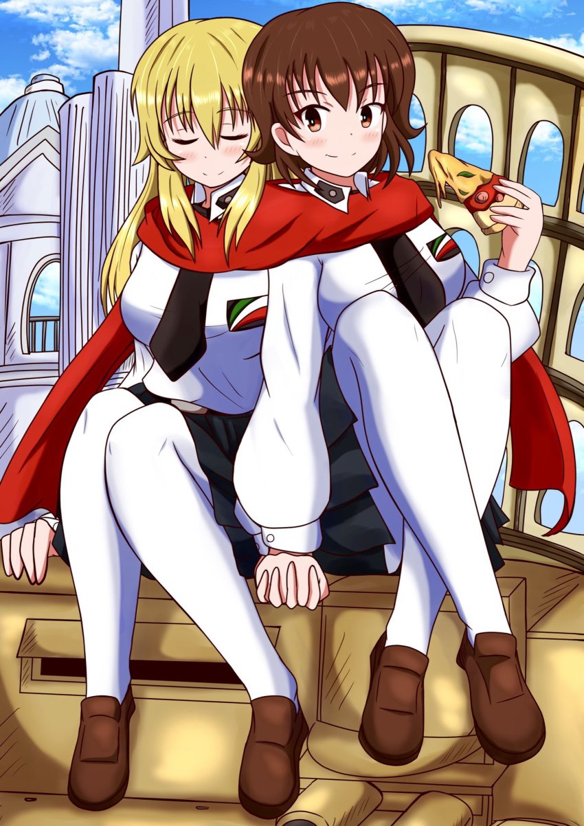2girls alternate_costume anzio_school_uniform black_neckwear black_skirt blonde_hair blush breasts brown_eyes brown_footwear brown_hair caesar_(girls_und_panzer) carpaccio_(girls_und_panzer) carro_veloce_cv-33 closed_eyes dress_shirt emblem food full_body girls_und_panzer highres holding holding_food implied_yuri large_breasts loafers long_hair long_sleeves meiya military military_vehicle motor_vehicle multiple_girls necktie pantyhose pizza pleated_skirt red_scarf scarf school_uniform shared_clothes shared_scarf shirt shoes short_hair sitting skirt smile tank white_legwear white_shirt wing_collar