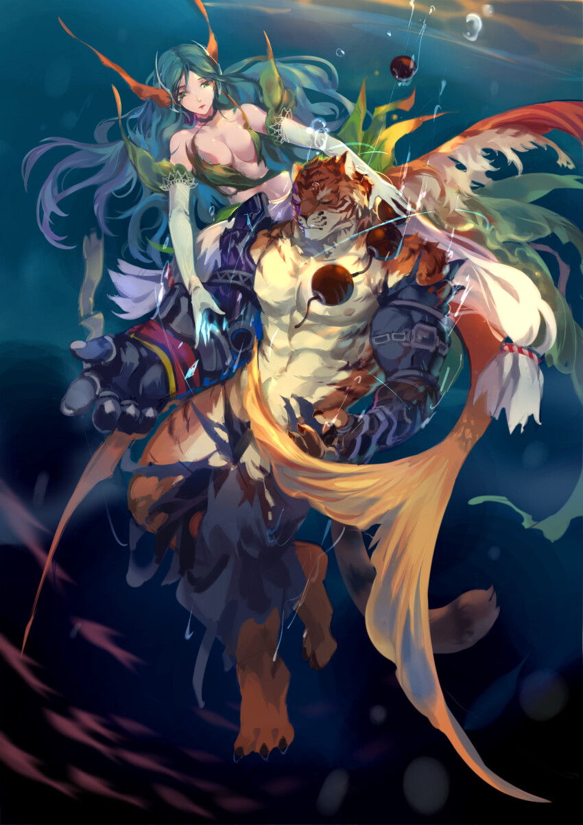 1boy 1girl abs absurdres air_bubble breasts broken_necklace bubble closed_eyes closed_mouth commentary_request convenient_censoring crrispy_shark elbow_gloves furry furry_male gloves green_eyes hestia_(sdorica) highres large_breasts long_hair mermaid monster_girl nipples pang_(sdorica) pants pectorals sdorica tiger_boy torn_clothes torn_pants underwater very_long_hair white_gloves