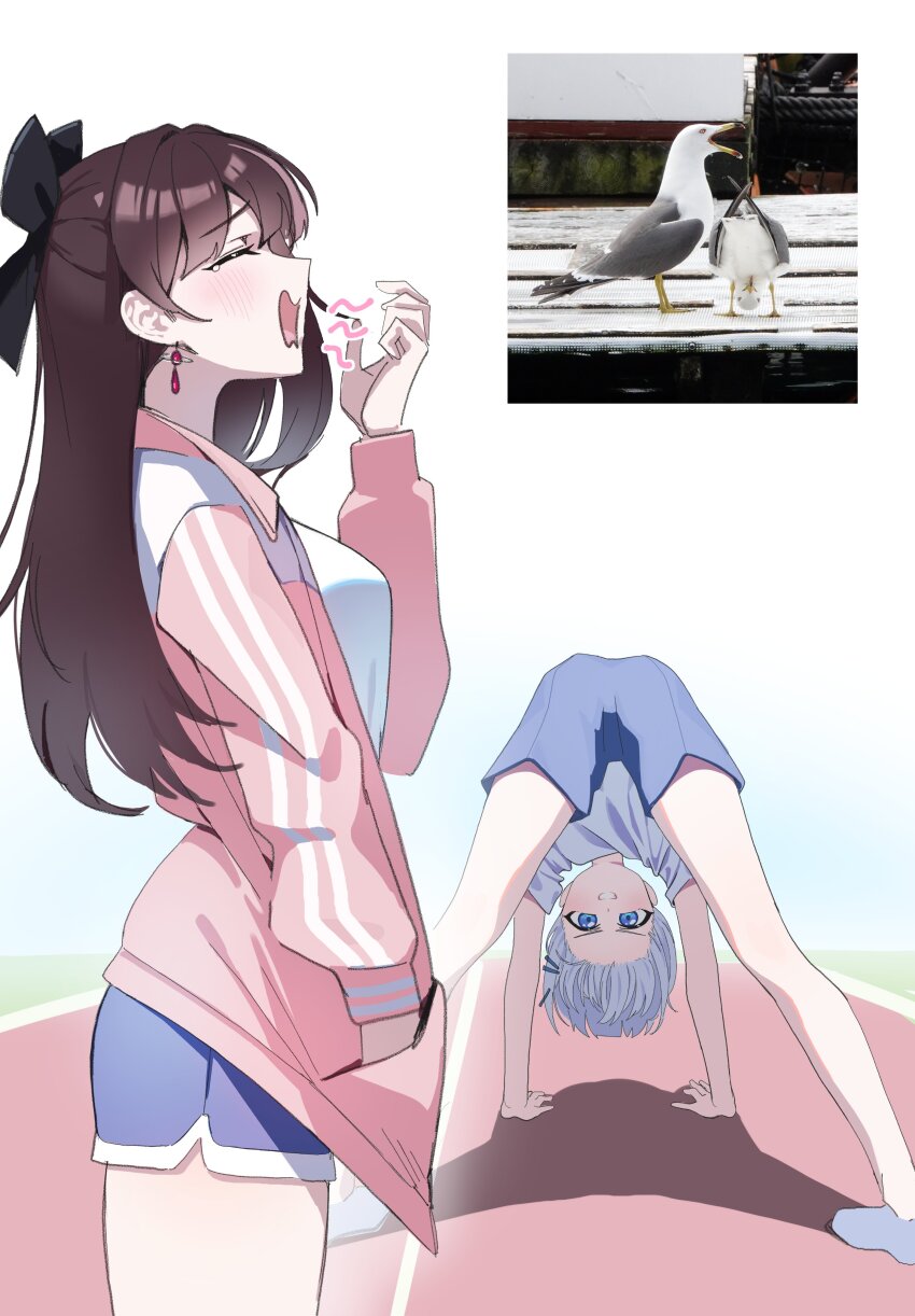 2girls absurdres all_fours bird blue_eyes blue_shorts blush brown_hair closed_eyes downward_dog from_behind from_side gosegu grey_hair grin highres jacket jururu long_hair looking_at_viewer looking_back looking_through_own_legs magictuna multicolored_hair multiple_girls open_mouth pelican photo-referenced photo_inset pink_jacket planet_earrings purple_hair shirt short_hair short_shorts short_sleeves shorts smile streaked_hair t-shirt tearing_up top-down_bottom-up track_jacket virtual_youtuber waktaverse wavy_mouth white_shirt yawning