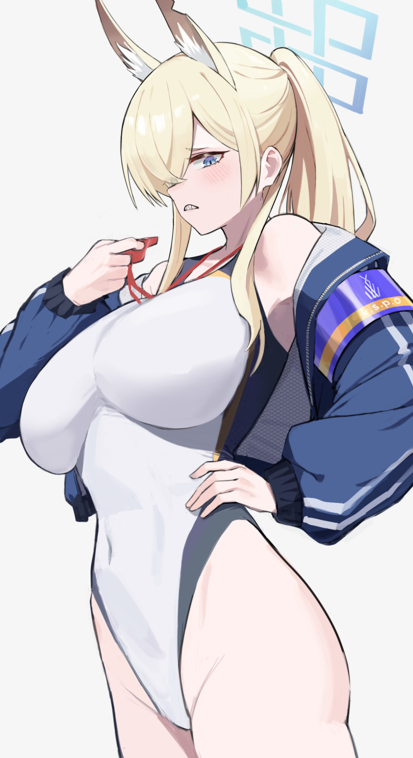 1girl animal_ear_fluff animal_ears armband ayatak0517 bare_shoulders blonde_hair blue_archive blue_eyes blue_halo blue_jacket blush breasts commentary competition_swimsuit covered_navel dog_ears extra_ears from_side hair_over_one_eye halo hand_on_own_hip hand_up highleg highleg_one-piece_swimsuit highres holding holding_whistle jacket kanna_(blue_archive) kanna_(swimsuit)_(blue_archive) large_breasts long_hair looking_at_viewer official_alternate_costume one-piece_swimsuit parted_lips ponytail purple_armband sharp_teeth simple_background solo standing swimsuit teeth whistle whistle_around_neck white_background white_one-piece_swimsuit