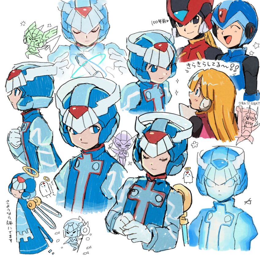 2girls 5boys alouette_(mega_man) black_eyes blonde_hair blue_eyes blue_helmet chibi fairy_leviathan_(mega_man) fighting_fefnir_(mega_man) forehead_jewel halo helmet hidden_phantom_(mega_man) highres karen_(karenoni1031) long_hair mega_man_(series) mega_man_zero_(series) multiple_boys multiple_girls multiple_views red_helmet robot_ears sage_harpuia_(mega_man) zero(z)_(mega_man) zero_(mega_man)