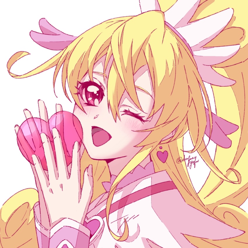1girl aida_mana blonde_hair bow brooch choker cure_heart dokidoki!_precure earrings hair_ornament heart heart_brooch heart_earrings heart_hair_ornament high_ponytail highres jewelry long_hair looking_at_viewer magical_girl open_mouth pink_arm_warmers pink_bow pink_choker pink_sleeves pink_wrist_cuffs ponytail precure smile suzumi_yufu twitter_username wrist_cuffs