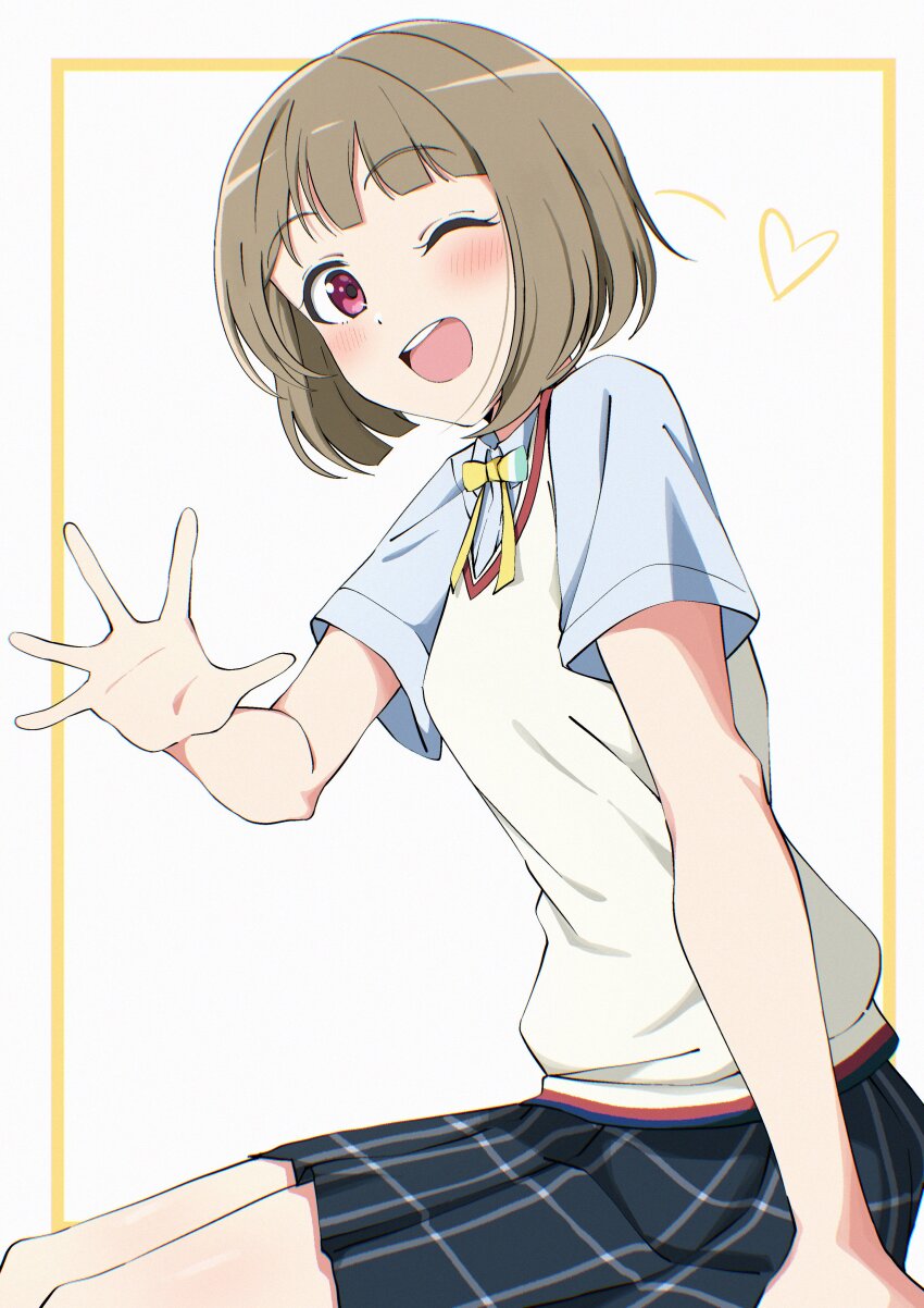 1girl ;d absurdres blue_shirt blush bob_cut border brown_hair collared_shirt dress_shirt feet_out_of_frame grey_skirt heart highres inset_border inverted_bob looking_at_viewer love_live! love_live!_nijigasaki_high_school_idol_club miniskirt nakasu_kasumi neck_ribbon nijigasaki_school_uniform one_eye_closed open_hand open_mouth outside_border pink_eyes plaid_clothes plaid_skirt pleated_skirt ribbon school_uniform shirt short_hair short_sleeves simple_background sitting skirt smile solo sweater_vest uchuu_no_mozuku white_background yellow_border yellow_ribbon yellow_sweater_vest