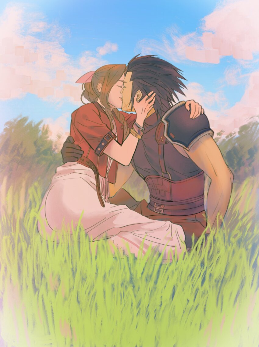 1boy 1girl aerith_gainsborough armor black_gloves black_hair blue_sky bracelet braid braided_ponytail brown_hair closed_eyes cloud cloudy_sky couple crisis_core:_final_fantasy_vii cross_scar dress drill_hair drill_sidelocks facial_scar final_fantasy final_fantasy_vii final_fantasy_vii_remake full_body gloves grass hair_ribbon hand_on_another&#039;s_back hand_on_another&#039;s_shoulder hetero high_ponytail highres jacket jewelry kiss outdoors parted_bangs pink_dress pink_ribbon ponytail red_jacket ribbon scar scar_on_cheek scar_on_face short_sleeves shoulder_armor sidelocks sitting sky sleeveless sleeveless_turtleneck spiked_hair suspenders sweater sylvthea turtleneck turtleneck_sweater yokozuwari zack_fair