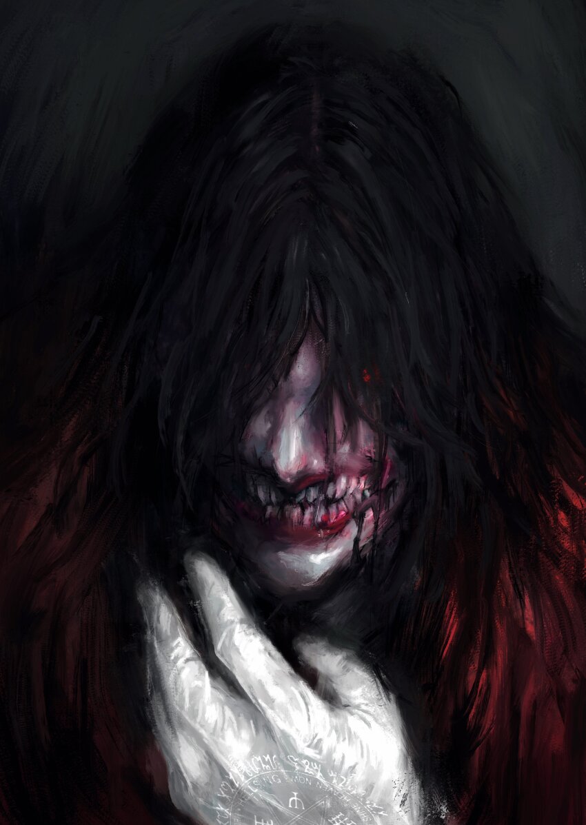 1boy absurdres alucard_(hellsing) black_background black_hair blood blood_from_mouth coat gloves hair_over_eyes hellsing highres long_hair looking_at_viewer male_focus painterly red_coat red_eyes smile solo teeth vampire white_gloves xa8uofivf2mcart
