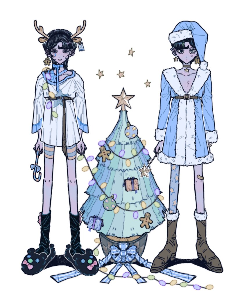 2girls absurdres animal_ears antlers bandaid bandaid_on_knee bandaid_on_leg bear_slippers belt belt_buckle black_footwear black_hair black_socks blue_bow blue_choker blue_eyes blue_hat blue_pantyhose blue_santa_costume boots bow bow_choker box brown_belt brown_choker brown_footwear buckle candy candy_cane choker christmas christmas_lights christmas_ornaments christmas_tree closed_mouth collarbone deer_ears dress earrings food freckles fur-trimmed_boots fur-trimmed_footwear fur-trimmed_headwear fur-trimmed_sleeves fur_trim gift gift_box gingerbread_man hat highres holding holding_candy holding_candy_cane holding_food holding_wand horns jewelry legs_apart long_sleeves medium_hair mismatched_earrings multiple_girls open_mouth original pantyhose reindeer_antlers santa_costume santa_hat short_hair shorts shorts_under_dress simple_background single_leg_pantyhose slippers socks standing star_(symbol) star_choker star_earrings star_print star_wand striped_clothes striped_shorts teeth upper_teeth_only wand white_background white_dress yosh1to