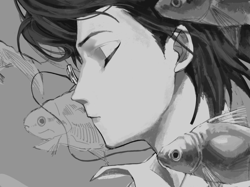 1boy beijingban18388 chinese_commentary closed_eyes closed_mouth commentary_request fish from_side goldfish grey_background greyscale highres identity_v male_focus monochrome monocle monocle_chain orpheus_(identity_v) profile short_hair solo