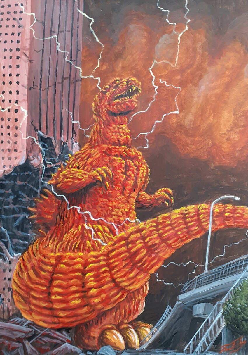 bridge building claws cloud cloudy_sky destruction dinosaur ears electricity energy giant giant_monster glowing glowing_body godzilla godzilla_(series) highres kaiju lightning looking_up monster night no_humans open_mouth overcast sharp_teeth sky skyscraper spikes storm tail teeth the_return_of_godzilla thermacabe toho