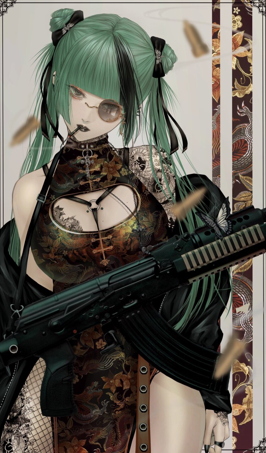 1girl akm assault_rifle between_breasts black_hair black_jacket black_lips black_nails blunt_bangs blurry blurry_foreground breast_tattoo breasts china_dress chinese_clothes cigarette cleavage cleavage_cutout clothing_cutout commentary_request cross cross_necklace depth_of_field double_bun dragon_print dress ear_piercing fishnet_pantyhose fishnets floral_print green_hair grey_background grey_eyes gun hair_bun harness head_tilt highres jacket jewelry kalashnikov_rifle large_breasts lipstick long_hair long_sleeves looking_at_viewer makeup mole mole_on_breast mole_under_eye mole_under_mouth monocle multicolored_hair necklace open_clothes open_jacket original outside_border pantyhose pelvic_curtain piercing rifle ring satsuki_kei side_slit sleeveless sleeveless_dress smoke smoking solo tattoo two-tone_hair weapon