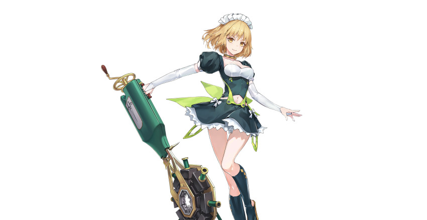 1girl android bad_source beatless blonde_hair breastless_clothes breasts bridal_gauntlets cleavage cropped_legs device dress green_dress hands_up high_heels highres jewelry kneehighs maid_headdress mariage mecha_musume navel neck_ring official_art puffy_sleeves rekaerb_maerd short_hair simple_background smile socks standing standing_on_one_leg transparent_background yellow_eyes