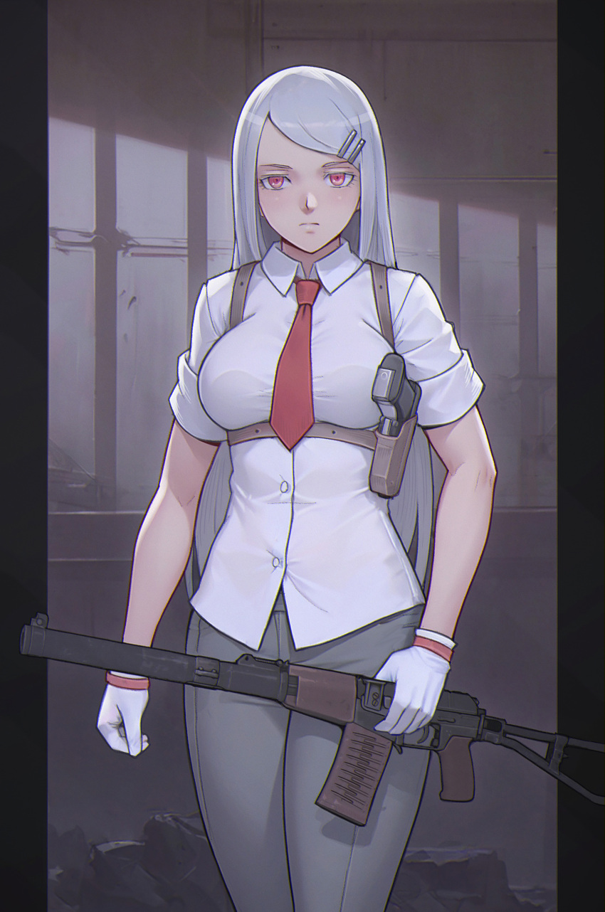 1girl absurdres as_val assault_rifle breasts closed_mouth collared_shirt commission crossdraw_holster gloves grey_pants gun handgun highres holding holding_gun holding_weapon holster kalashnikov_rifle large_breasts leonzo looking_at_viewer original pants pink_eyes rifle shirt sleeves_rolled_up solo standing weapon white_gloves white_hair white_shirt