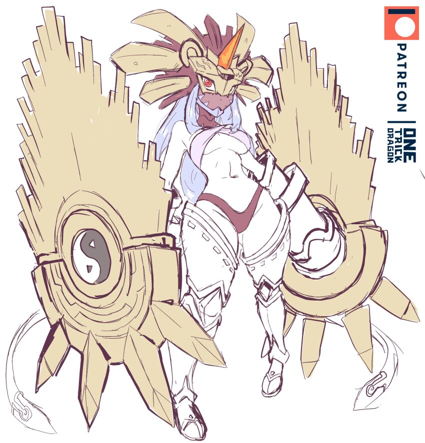 1girl absurdres amaterasumon artist_name breasts colored_skin curvy digimon digimon_(creature) full_body grey_hair highres horns large_breasts long_hair mechanical_arms navel no_humans one_trick_dragon red_skin simple_background single_horn solo thong underwear unworn_armor very_long_hair white_background wide_hips yin_yang