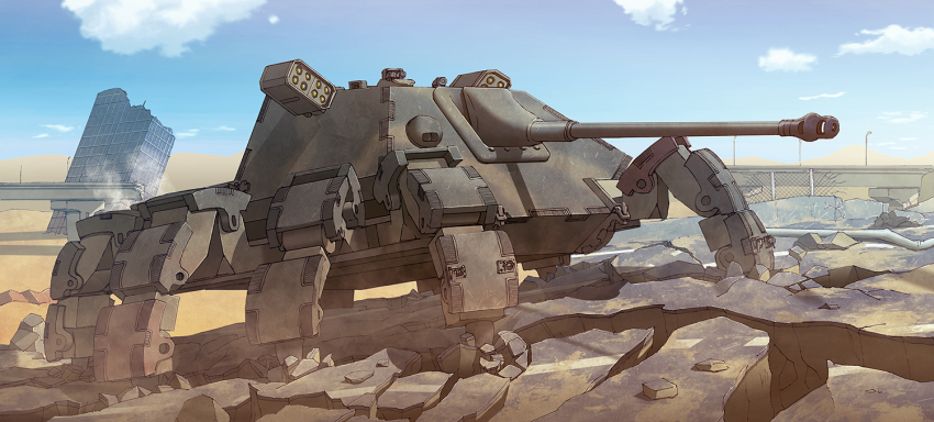 building cannon cloud commentary_request desert earasensha highway mecha metal_max metal_max_xeno military military_vehicle missile_pod motor_vehicle no_humans non-humanoid_robot road robot ruins sky tank turret turretless_tank walker_(robot)