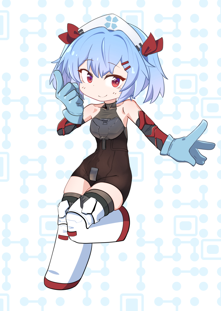 1girl absurdres blue_gloves blue_hair boots chibi closed_mouth collarbone colphne_(girls&#039;_frontline_2) detached_sleeves girls&#039;_frontline girls&#039;_frontline_2:_exilium gloves hair_ribbon hand_up hexaa highres looking_at_viewer red_eyes red_ribbon ribbon sleeveless smile solo thigh_boots thighhighs twintails unitard white_boots
