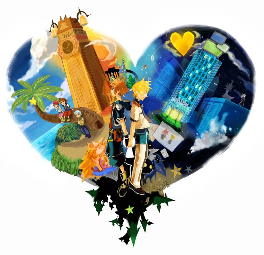 2girls 5boys axel back-to-back black_coat_(kingdom_hearts) blindfold blonde_hair blue_eyes brown_hair clock clock_tower closed_eyes fingerless_gloves gloves heart heartless highres holding_hands jewelry kairi_(kingdom_hearts) kairi_(shery_rakuura) kingdom_hearts md5_mismatch multiple_boys multiple_girls namine necklace red_hair riku_(kingdom_hearts) roxas shadow_(kingdom_hearts) shis-ra silver_hair sora_(kingdom_hearts) tower tree unversed