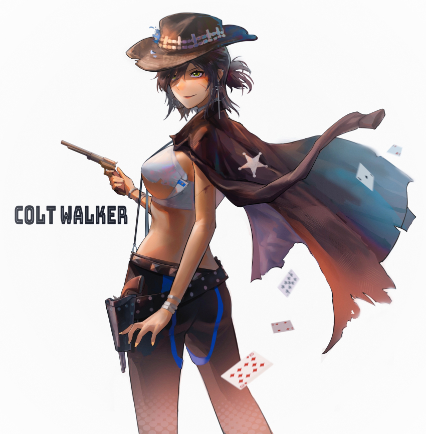 1girl bandeau belt black_belt black_pants breasts brown_hair brown_hat brown_jacket character_name colt_walker colt_walker_(girls&#039;_frontline) cowboy_hat earrings gblamgo girls&#039;_frontline green_eyes gun handgun hat highres holding holding_gun holding_weapon jacket jacket_on_shoulders jewelry large_breasts leather leather_pants long_sleeves pants ponytail revolver short_ponytail solo standing weapon white_bandeau