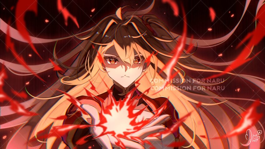 1girl ahoge astrea_(narutsuart) blonde_hair borrowed_character breasts cleavage commission fire genshin_impact hair_between_eyes highres juliet_sleeves long_hair long_sleeves looking_at_viewer omega_symbol original paw_chie puffy_sleeves pyrokinesis red_eyes red_fire serious side_ponytail sidelocks solo symbol-shaped_pupils very_long_hair