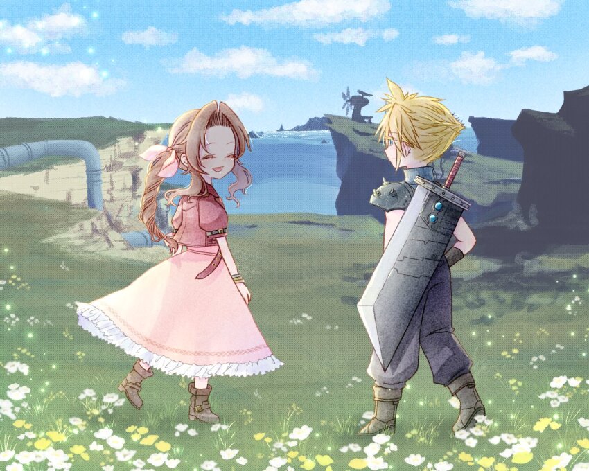 1boy 1girl aerith_gainsborough armor baggy_pants bangle black_footwear blonde_hair blue_eyes blue_pants blue_shirt bluelimbo8888 boots bracelet braid braided_ponytail brown_footwear brown_hair buster_sword closed_eyes cloud_strife cropped_jacket dress field final_fantasy final_fantasy_vii final_fantasy_vii_rebirth final_fantasy_vii_remake flower flower_field hair_ribbon jacket jewelry long_dress long_hair looking_at_another materia nature open_mouth outdoors pants parted_bangs pink_dress pink_ribbon puffy_short_sleeves puffy_sleeves red_jacket ribbon shirt short_hair short_sleeves shoulder_armor sidelocks single_braid sleeveless sleeveless_turtleneck smile spiked_hair turtleneck walking wavy_hair weapon weapon_on_back