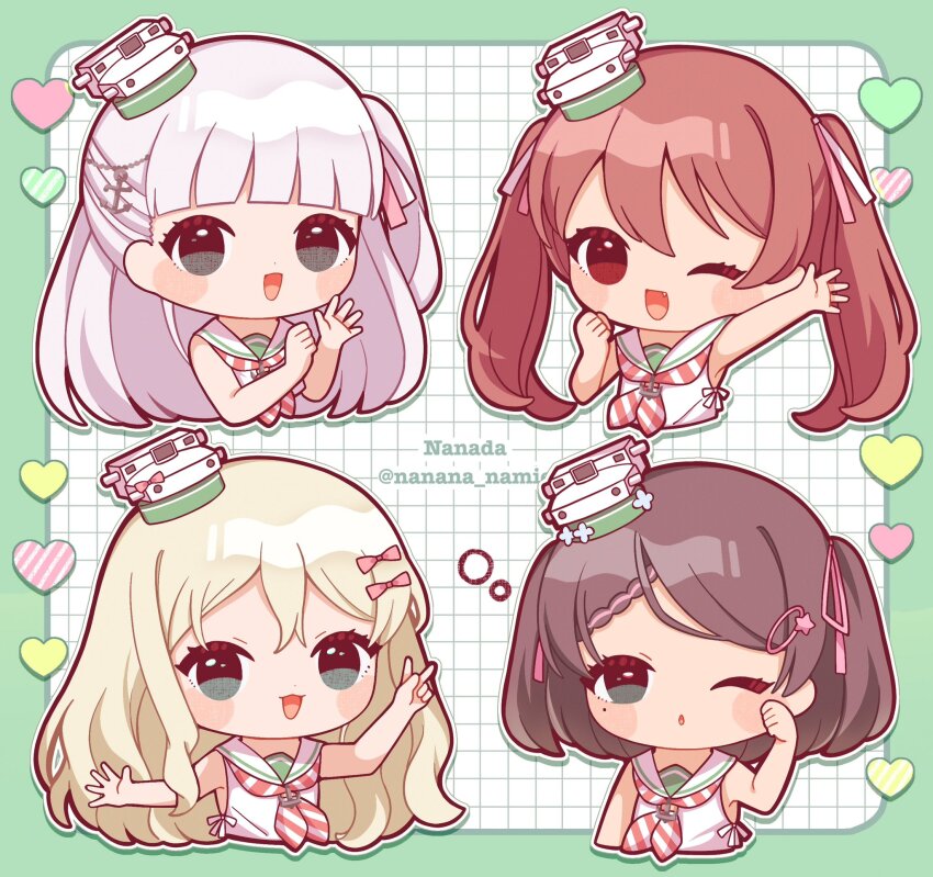 4girls anchor_hair_ornament arm_up black_hair blonde_hair blunt_bangs blush brown_hair chibi commentary_request dress fang grecale_(kancolle) hair_ornament hair_ribbon hairclip hat heart highres kantai_collection libeccio_(kancolle) long_hair maestrale_(kancolle) mole mole_under_eye multiple_girls nada_namie neckerchief one_eye_closed one_side_up open_mouth parted_lips pink_ribbon ribbon sailor_collar sailor_dress scirocco_(kancolle) simple_background sleeveless sleeveless_dress striped_neckerchief twintails twitter_username v white_dress white_hair
