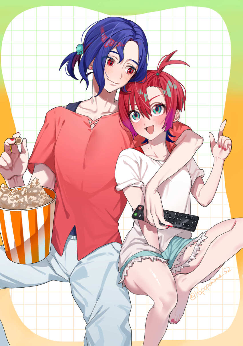 1boy 1girl absurdres amate_yuzuriha aqua_eyes artist_name blue_hair blush borrowed_accessory colored_inner_hair commentary_request controller denim denim_shorts food grid_background gundam gundam_gquuuuuux hair_ornament highres holding holding_remote_control multicolored_hair nail_polish one_side_up open_mouth pants ponytail popcorn purple_hair red_eyes red_hair red_nails remote_control satsuki_(popopomama_52) shirt short_hair shorts shuji_ito sitting smile twitter_username two-tone_hair
