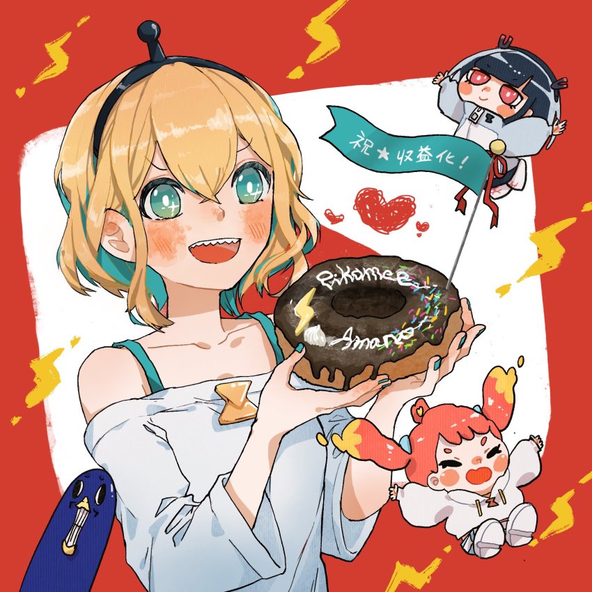 3girls :d amano_pikamee animal aqua_hair aqua_nails bad_id bad_twitter_id bare_shoulders bird black_hair black_hairband blonde_hair blue_shorts blush blush_stickers boots character_name chibi closed_eyes closed_mouth collarbone commentary_request donut drawstring flag food green_eyes grin gyari_(bird) hairband hands_up heart highres hikasa_tomoshika holding holding_food hood hood_down hoodie jacket jitomi_monoe lace-up_boots lightning_bolt_symbol long_sleeves magnet magome multicolored_hair multiple_girls nail_polish off-shoulder_shirt off_shoulder open_mouth puffy_long_sleeves puffy_sleeves red_background red_eyes red_hair sandals sharp_teeth shirt shoe_soles shorts sleeves_past_wrists smile teeth two-tone_background two-tone_hair virtual_youtuber voms white_background white_footwear white_hoodie white_jacket white_shirt zipper_pull_tab