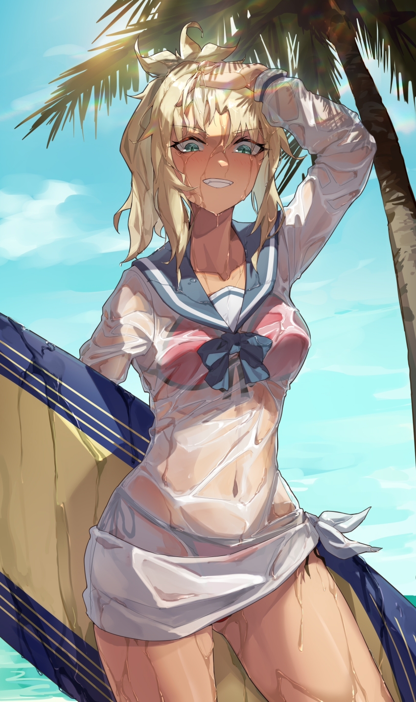 1girl absurdres adjusting_hair bikini bikini_under_clothes blonde_hair blue_sailor_collar blue_sky blush cloud covered_navel fate/grand_order fate_(series) feibai green_eyes grin highres holding holding_surfboard long_hair long_sleeves looking_at_viewer mordred_(fate) mordred_(swimsuit_rider)_(fate) mordred_(swimsuit_rider)_(second_ascension)_(fate) official_alternate_costume outdoors palm_tree ponytail prydwen_(fate) red_bikini sailor_collar see-through_clothes shirt sky smile solo surfboard swimsuit tan teeth tree wet wet_clothes wet_shirt white_shirt