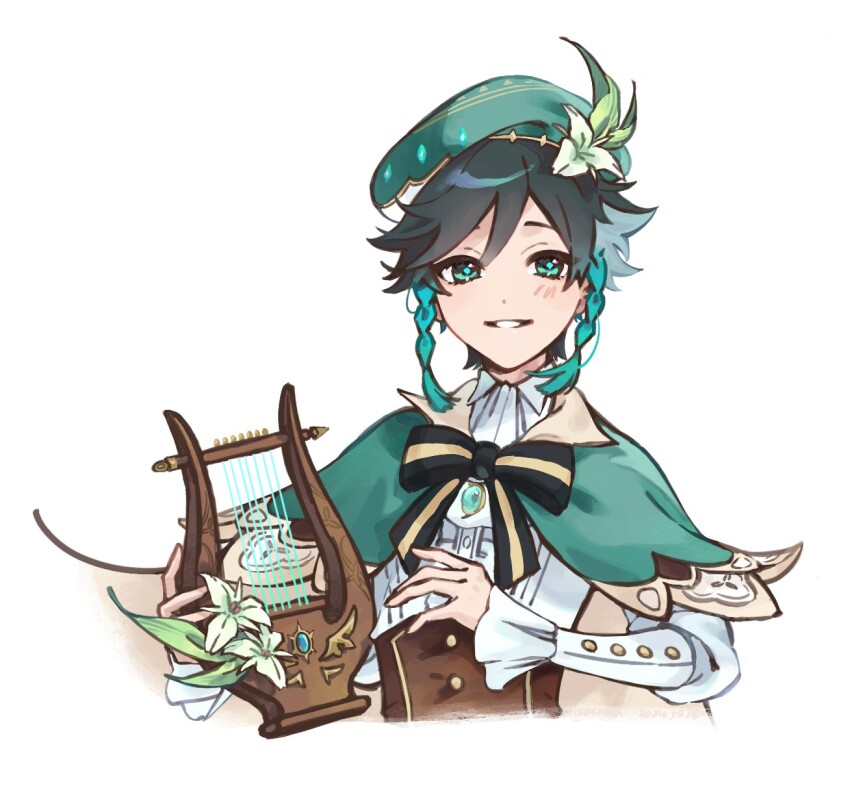 1boy androgynous aqua_hair black_hair bow braid cape cropped_torso flower genshin_impact gradient_hair green_eyes green_hat hat highres holding holding_instrument instrument isofishtsu long_sleeves looking_at_viewer lyre male_focus multicolored_hair simple_background solo twin_braids venti_(genshin_impact) white_background white_flower