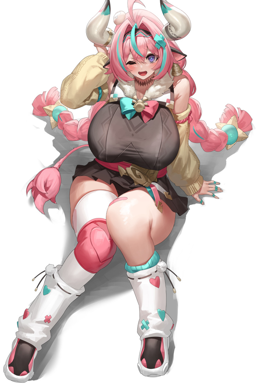1girl absurdres animal_ears bandaid bandaid_on_knee bandaid_on_leg bare_shoulders blue_eyes blush braid breasts cow_ears full_body genshin_impact green_hair hair_intakes hairband highres horns huge_breasts long_hair long_sleeves looking_at_viewer multicolored_hair one_eye_closed open_mouth pink_hair simple_background single_thighhigh sitting solo streaked_hair tail thighhighs thighs twin_braids varesa_(genshin_impact) white_background white_horns white_thighhighs yamanokami_eaka