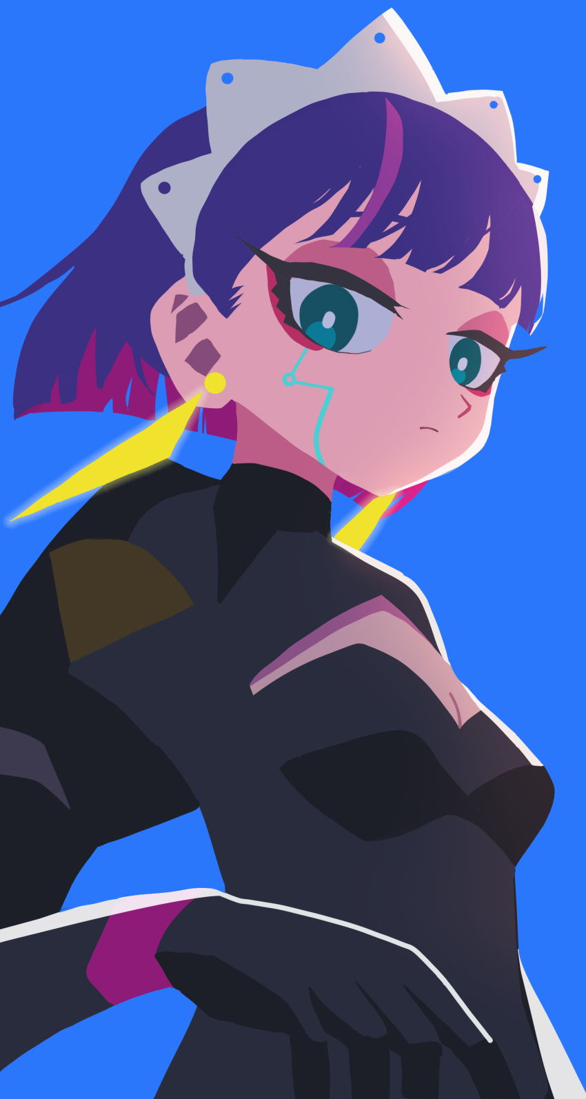 1girl 2021 absurdres android apron aqua_eyes blue_background blue_hair colored_inner_hair earrings he_c92 highres jewelry maid maid_apron maid_headdress multicolored_hair nira-chan official_style parody style_parody triangle_earrings two-tone_hair zutto_mayonaka_de_ii_no_ni